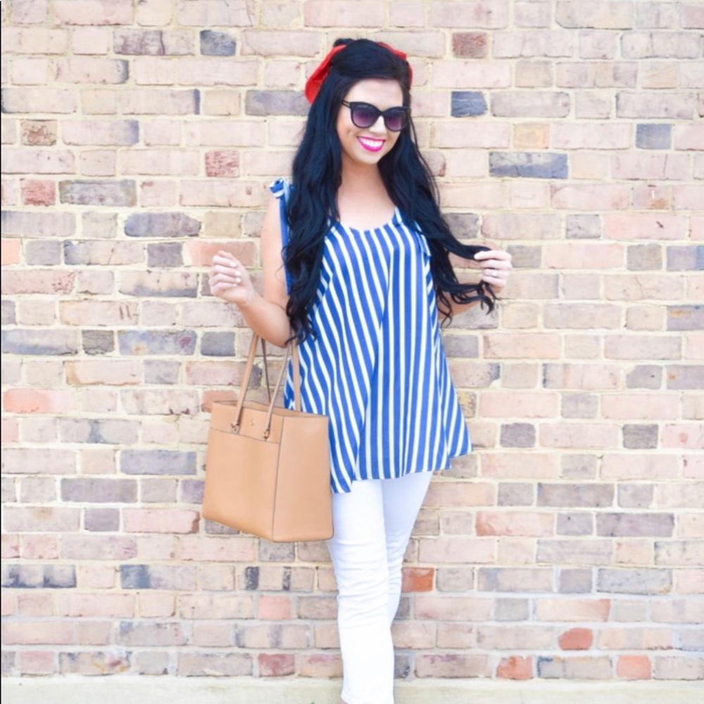 White and navy striped top